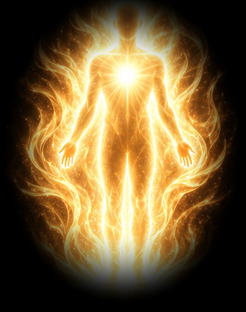 A glowing golden figure standing open and free — how it feels after the work